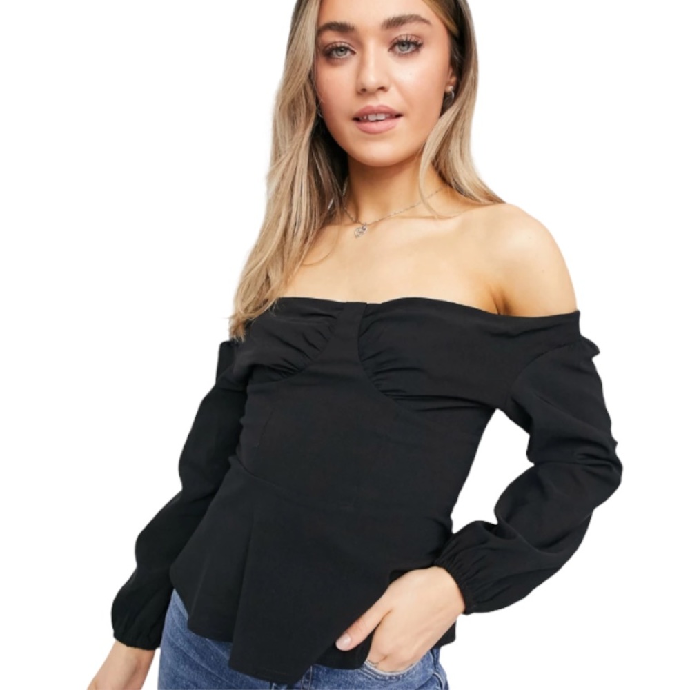 Topshop Bengaline Bardot Off The Shoulder Long Sleeved Blouse Black Size 2 NEW